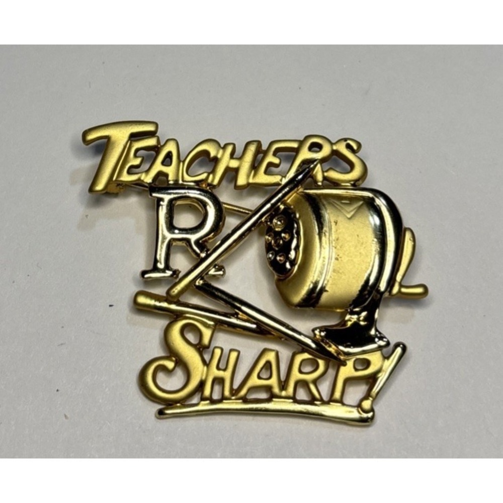 Vintage AJC Teachers R Sharp Brooch Pencil Sharpener Gold Tone School Pin 1-1/2"